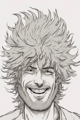 deranged smiling man with messy hair and stubble