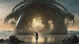 detailed matte painting of a wide-angle shot of a woman standing on the right-hand side of an alien beach, with dark hair in a silver robotic catsuit, many floating aliens with long tentacles, alien jungle trees in the distance, deep colour