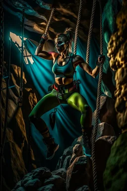 An action shot of a sexy looking zombie mountain climber, dramatic climb, an action shot, sexy crop top and tight leggings, climbing ropes,cinematic poster, cinematic lighting