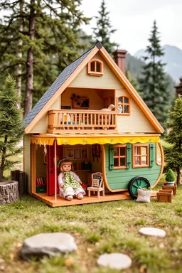 doll house with doll camping wagon