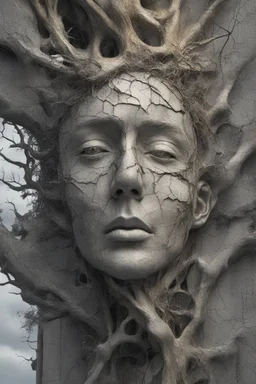 surrealis monochrome A fragmented, surreal sculpture liguid color of photorealistic image 3d,psychedelic art of trumpface glossy emerging from dreamlike a crumbling building. The face appears pale with deep cracks and intricate details, evoking a haunting expression. Blackened tree branches intertwine with the gold mengkilat cracks, set against a backdrop of stormy, cloud-filled skies. bauhaus art The overall tone is dark and moody, suggesting themes of decay and transformation. Include