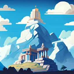 Mount Olympus from the greek mythology. Temples high up in the mountains. Cloudy and mysterious. Illustration.