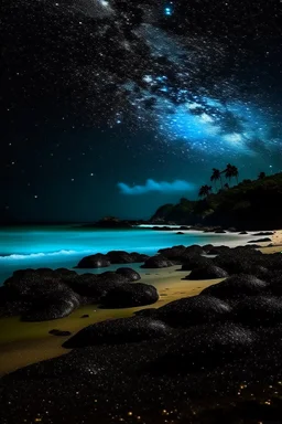 The beach of the island of Leela has its waters full of bright blue stars and dark black skies