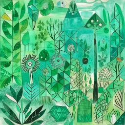 A mint colored jungle with crystals and gems painted by Paul Klee