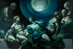 A dark grayish teal outer space of shadows painted by Michelangelo di Lodovico Buonarroti Simoni