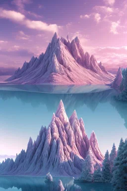  mountain topped with pink ice-cream, lake, trees, mystical, Dada,