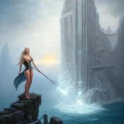 Busty blonde in swimsuit full body big but,fantasy art, book cover, upper body of big mad wizard in front of the ebony stairs of a bridge or dam ,icy water, on the bridge is a wolf, there is also a hawk and everything is seen from the tree tops,