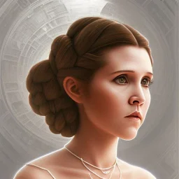 death star frame, complete and photo realistic detailed head to waist stunning photo realistic portrait of young carrie fisher as Princess Leia in star wars with photo realistic hairstyle by Mandy Jurgens and mucha and Richard Schmid and chuck close and chie yoshii, extraordinary and detailed ceremony dress of star wars,brown eyes