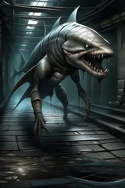 urban humanoid bipedal walking muscular brutish half-shark thresher shark in a sewer digital art