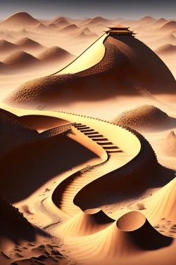 ancient, chinese town, fantasy, desert, dune, sand storm, crater