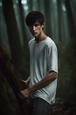 thin 17 year old male with dark short hair and blue eyes wearing a ripped and dirty white teeshirt, in a forest , photorealistic, 4k, dark fantasy