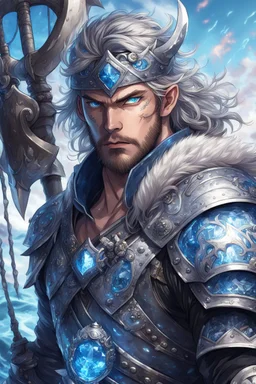 1man warrior in anime style, with blue eyes wearing silver Vikings armor with a blue crystal on his chest with a battle axe on the pirate ship, anime, anime style