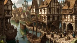 gothic medieval harbour with ships, piers, houses, shops, inns, balconies, plants, people, market