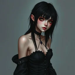 a pretty girl, skinny, dark hair, gothic clothes, dark fantasy, pale