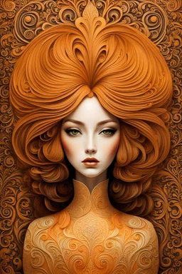 "Masterpiece, full image, full head on image, Abstract, In the style of Naoto Hattori , Aubrey Beardsley , one hairaccent in her hair soft color orange, Masterpiece"