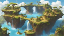 many tiny flying islands connected by natural bridges, vegetation, some waterfalls, blue sky with clouds