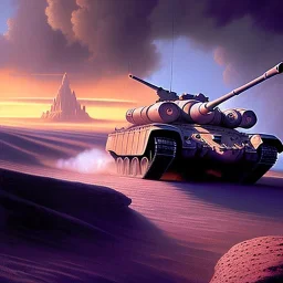 Ralph mcquarrie painting of a Futuristic armored tank rolling over a crater, purple sky, 4k, highly detailed, minutiae, trail, boulders