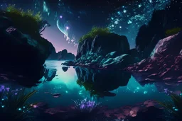 rocky cliff, vegetation, galaxy, infinite, cosmos, people, water reflection, sci-fi.