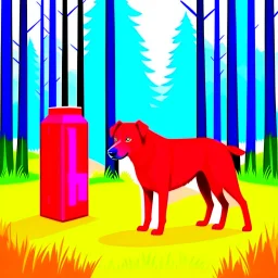 Generate a red dog in a forest background with blue coolers