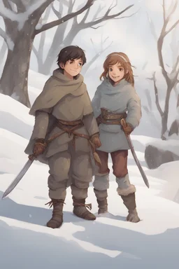 DnD style, two medieval peasant kids playing in the snow male and female, age 14 and 15, happy and playful, he has a short sword.