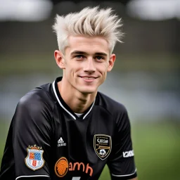 85mm DSLR color photography of a very detailed headshot fitting all of head and hair in frame. 18-year-old English soccer player, and with no facial hair and has no facial hair, has short length straight white hair with a small smile, grey background