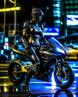 street photography art full body beautiful woman warrior character, fantasy game figure, wearing futuristic warrior armor ,on night city street driving ducati motorsports