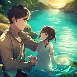 In the anime, a young male character with a young female character is near the green lake in the sunset afternoon.