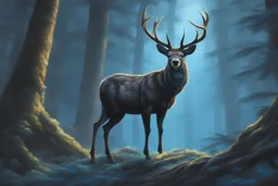 Beast Shadow in realistic anime drawing style, Deer them, blue neon crystal antlers deer, human model, close picture, fantasy forest, intricate details, highly detailed, high details, detailed portrait, masterpiece,ultra detailed, ultra quality, blue eyes