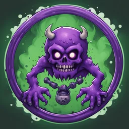 A round purple monster with skullcrossbones tattoo surrounded by foul green gas, in card art style