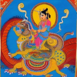 krishna riding a dragon in tibetian painting style