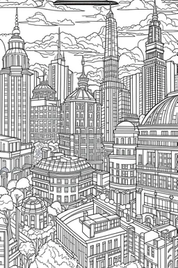 various architectural landmarks and cityscapes, coloring book page, simple and clean line art, adult drawing book, black and white, crisp black lines, no shades, sharp lines, coloring book for adults, cartoon style, landscape