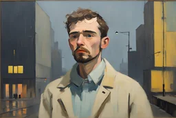 Euan Uglow-Ludwig Bemelmans oil painting, Otherworldly, young beautiful a dreaming young in cyberpunk futuristic brutalist city-factory lights, сute beard guy, cries suffering looks behind, at the camera at half height, pastel color puffy and wool textures fashion, stormy day rainy, Cinematic lighting, Volumetric lighting, Epic composition, Photorealism, Very high detail, Bokeh blur, Sony Alpha α7, ISO1900, Character design, Unreal Engine, Octane render, HDR, By Simon Stalenhag sci-fi Art
