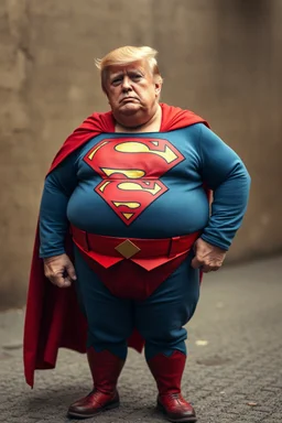 a thoroughly confused, frail, elderly and obese donald trump standing dressed as superman