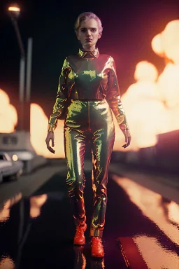 retro sci-fi portrait image from 1980, Los Angeles street explosions, fire, scared people, sweet young blonde woman walking, tight latex suit, soft color, highly detailed, unreal engine 5, ray tracing, RTX, lumen lighting, ultra detail, volumetric lighting, 3d, finely drawn, high definition, high resolution.