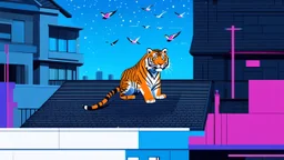 snowfall, rooftops, birds, a tiger, bauhaus functionalism, cyberpunk, neon accents, geometric shapes, clean lines, minimalism, balanced composition, modernist aesthetic, primary colors, bold contrasts, structured design, abstract forms, symmetrical layout, functional elegance, modular elements, precise details, illustration