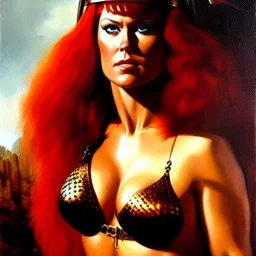 portrait of Red sonja painting by Brom, oil on canvas, cinematic composition, extreme detail,fit full head inside picture