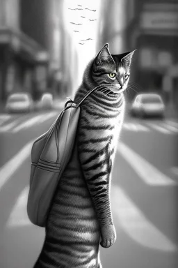 one single mature cat walking on the street, thoughtful, mourning, model style, hyper realistic, extremely accurate, delicate, extremely detailed, Graphic novel style, wide-angle, open aperture, superfine pencil