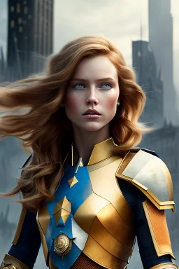 ultrarealistic, concept art, ruined city,__intricate fantasy armor__, no star, __angles__, 18 year old woman, strikingly beautiful,ginger hair, _colour_, (pale __skincolor__ skin:1.2), __camera__, _hair_, detailed face and eyes, medium breasts, sci-fi theme, freckles, dynamic pose, resolved expression, __accessory__, strappy outfit, (straps:1.1), sword in scabbard on left hip, (buckles, buttons, snaps, rings:1.0), haltertop style breastplate, detailed eyes, plump lips