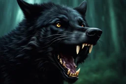 Large black wolf growling lip curled, Photorealistic, 4k, dark fantasy