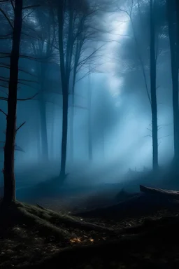 Bosque cinematografico cubierto de niebla y iluminación cafe matizada en azul