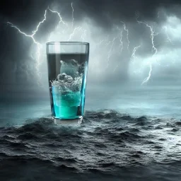 a turbulent ocean storm in a drinking glass on a table, clouds, lightning, 8k resolution, high-quality, fine-detail, intricate, digital art, drinking glass, detailed matte, volumetric lighting, baroque, illustration, octane render, brian froud, howard lyon, selina french, George Grie, Ben Goossens, Igor Morski