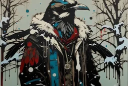 A contemporary serigraphy portrait by Kunisada of a crow adorned in a punk leather jacket within a snowy Christmas atmosphere.