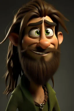 Gnom, braune lange wilde Haare, große Nase, gepflegter kurzer Bart, grüne Augen, schlank