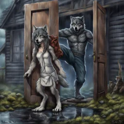 fantasy digital art of kicked out of the house her father out the door with his foot a very sad little anthro wolf she have wolf face gray hairy wolf body and wears just a short canvas rag around her waist , she have sadly face , rain , behind she an tall angry anthro wolf man in dark gray body hairy kicks she out the door , behind in rustic halb open door in an massive wooden house, rainy day, detailed, fantasy mood