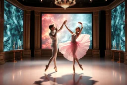 ballerian couple perform in a very luxury ballet stage with animating lights and background