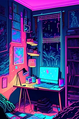 a drawing of the girl's room is adorned with neon and light up posters, in the style of anime aesthetic, webcam photography, studyblr, psychadelic surrealism, ultra detailed, trenchcore, use of screen tones