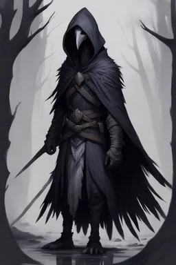 Concept Art of a character, Kenku, Raven Humanoid, Dark, Feather Cloak, Hooded, Glowing white eyes, Dark, Viking Armor, Raven Tail, DND art, Fantasy Art, Detailed Sketch, Medieval Lance, Grey Background, Dead Trees, Swamp