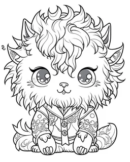 coloring page, Gothic chibi werewolf with wild, fluffy hair, Manga style, thick lines, low detail, no shading, --ar 9:11 --v 5