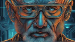 Body part machine Old man, beard, Bald hair, in cyberpunk drawing , neon, intricate details, highly detailed, high details, detailed portrait, masterpiece,ultra detailed, ultra quality