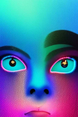 Rosalía artist, Ultra Realistic image, waist up portrait, perfect eyes, glow eye, black eye line, sweet face, pigtails hair, spray line make up, geometric, gold, big rings piercing, led ornament, bubble latex coat, inflatable, cold, led lights, geometric, neon, pink, blue, gold, vibrant color, highly detailed, art stations, concept art, smooth, unreal engine 5, god rays, ray tracing, RTX, lumen lighting, ultra detail, volumetric lighting, 3d, finely drawn, high definition, high resolution